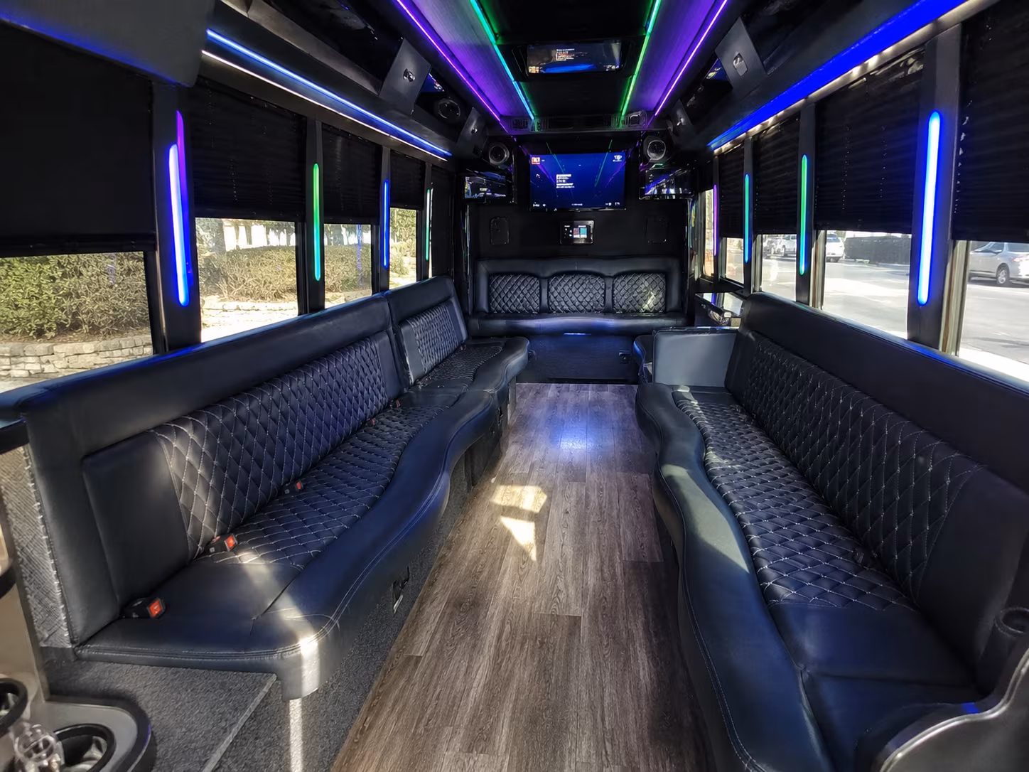 Passenger watching the Dallas scenery during a regional party bus road trip