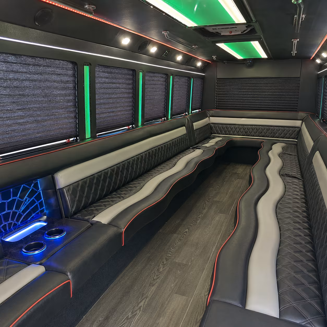 Interior of a party bus rental serving Dallas